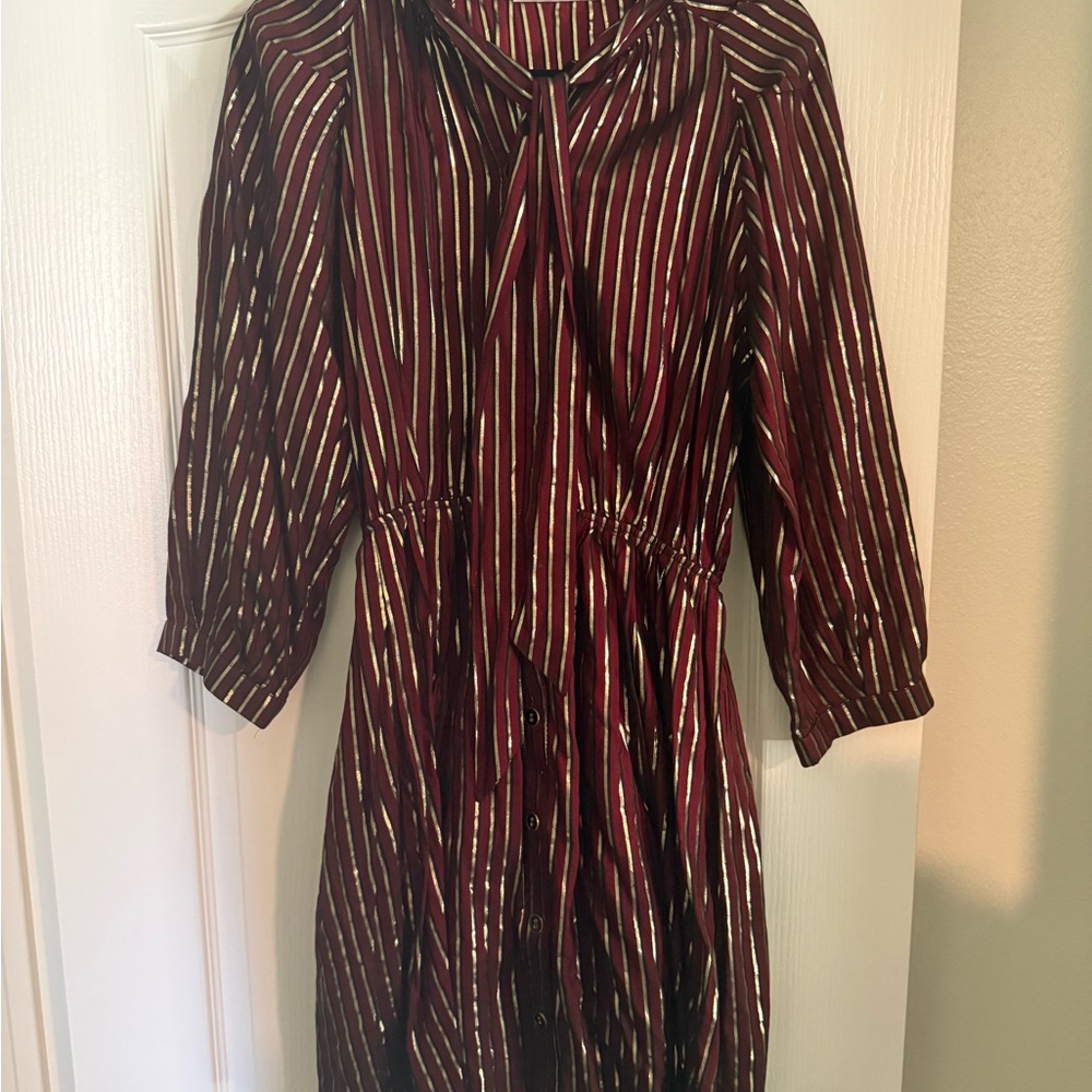 Long-Sleeve Burgundy Striped Button-Front Dress